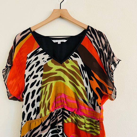 Trina Turk Women's Orange/Black Animal Print Silk Midi Dress Size 8 - Picture 5 of 7